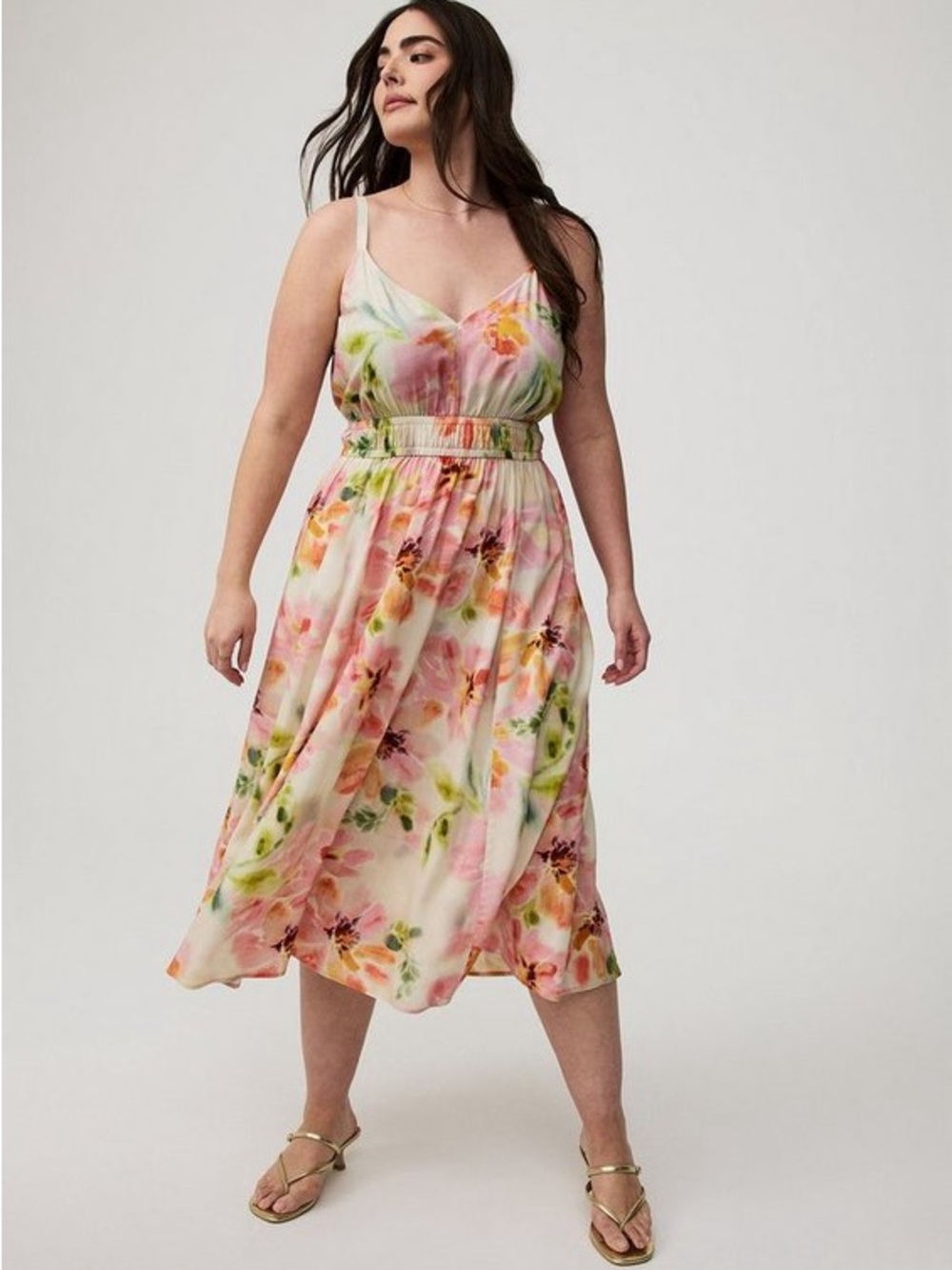 torrid Pink Multi Floral Midi Slip Dress with Smocked Waist